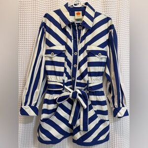 Farm Rio: Striped Button-Front Utility Romper in Navy & White